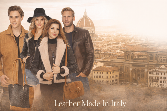 Florence skyline with Duomo, models in handcrafted Italian leather jackets and handbags, Leather Made In Italy brand.